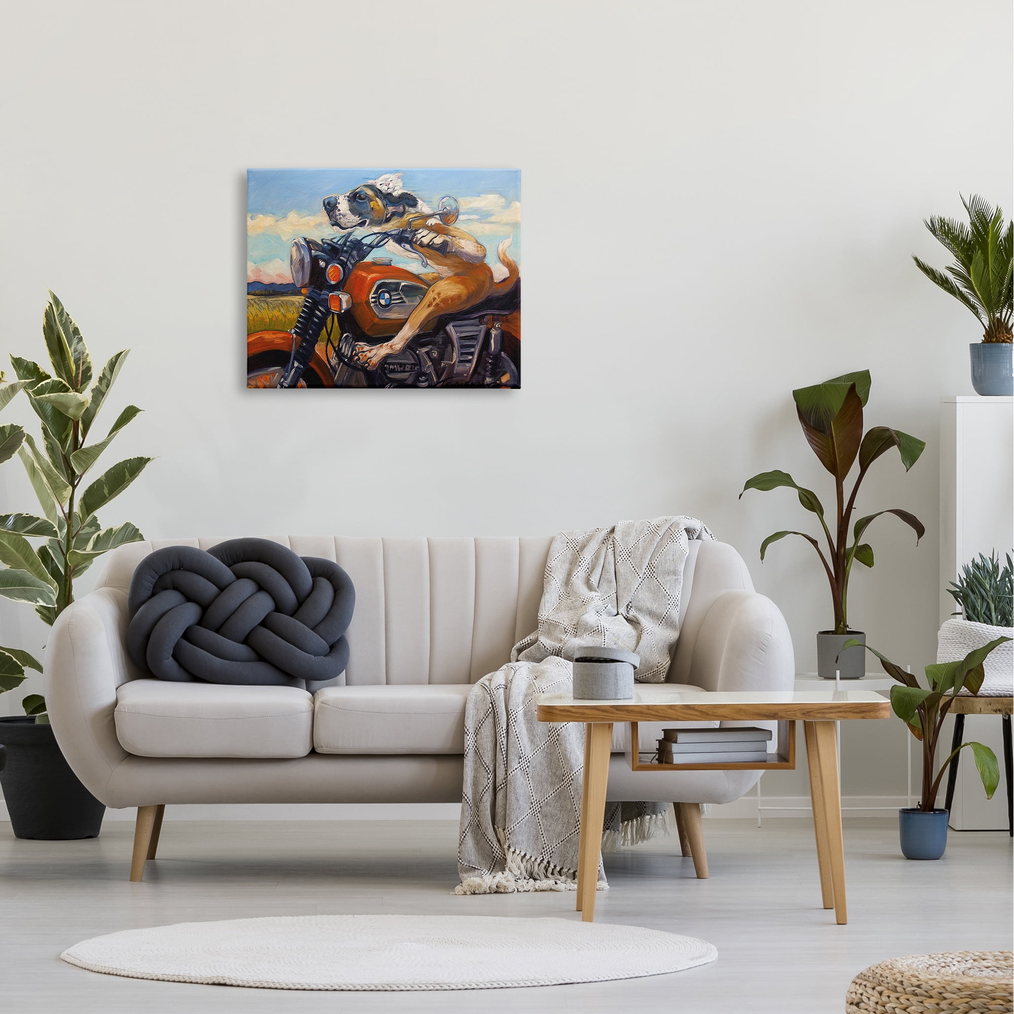 The Stupell Home Decor Collection Dog And Cat on a Red Motorcycle Road Trip Painting Stretched Canvas Wall Art, 24 x 30