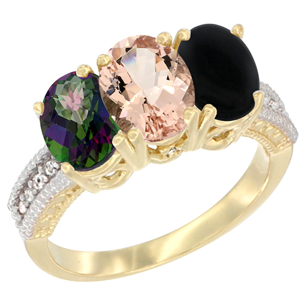 10K Yellow Gold Diamond Natural Mystic Topaz, Morganite & Black Onyx Ring 3-Stone 7x5 mm Oval, sizes 5 10 by WorldJewels