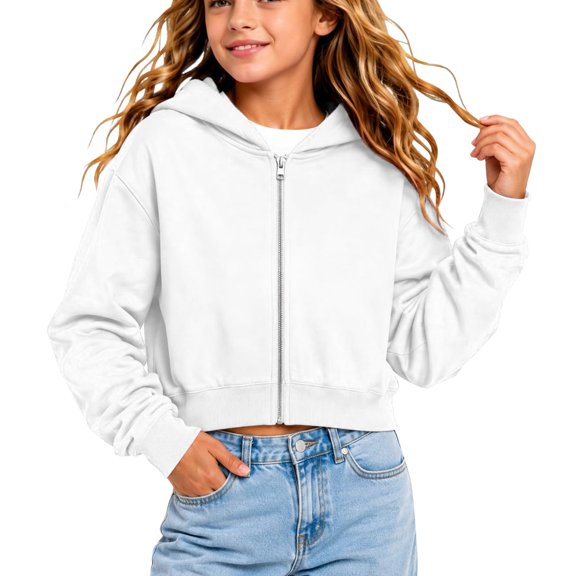 Resicozy Hoodies for Teen Girls Zip Up Long Sleeve Cropped Sweatshirts for Kids Cute Preppy Youth Trendy Fashion Back to School 5-15 Years White 140
