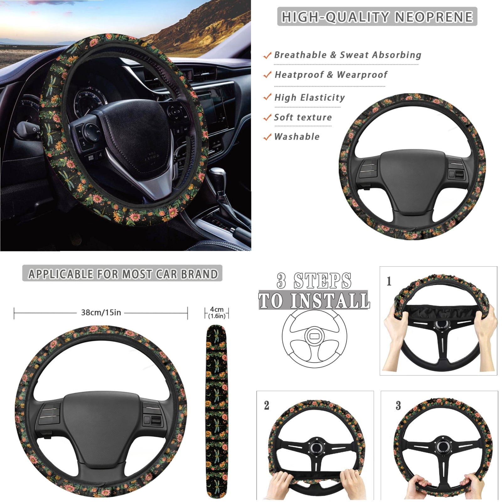 Jeiento Dragonfly Car Seat Cover Set 14 PCS with Steering Wheel Cover Seat Belt Pads Waste Basket Bin Flowers Rearview Mirror Cover Cup Holder Center Console Cover Handbrake Cover Gear Shift Cover