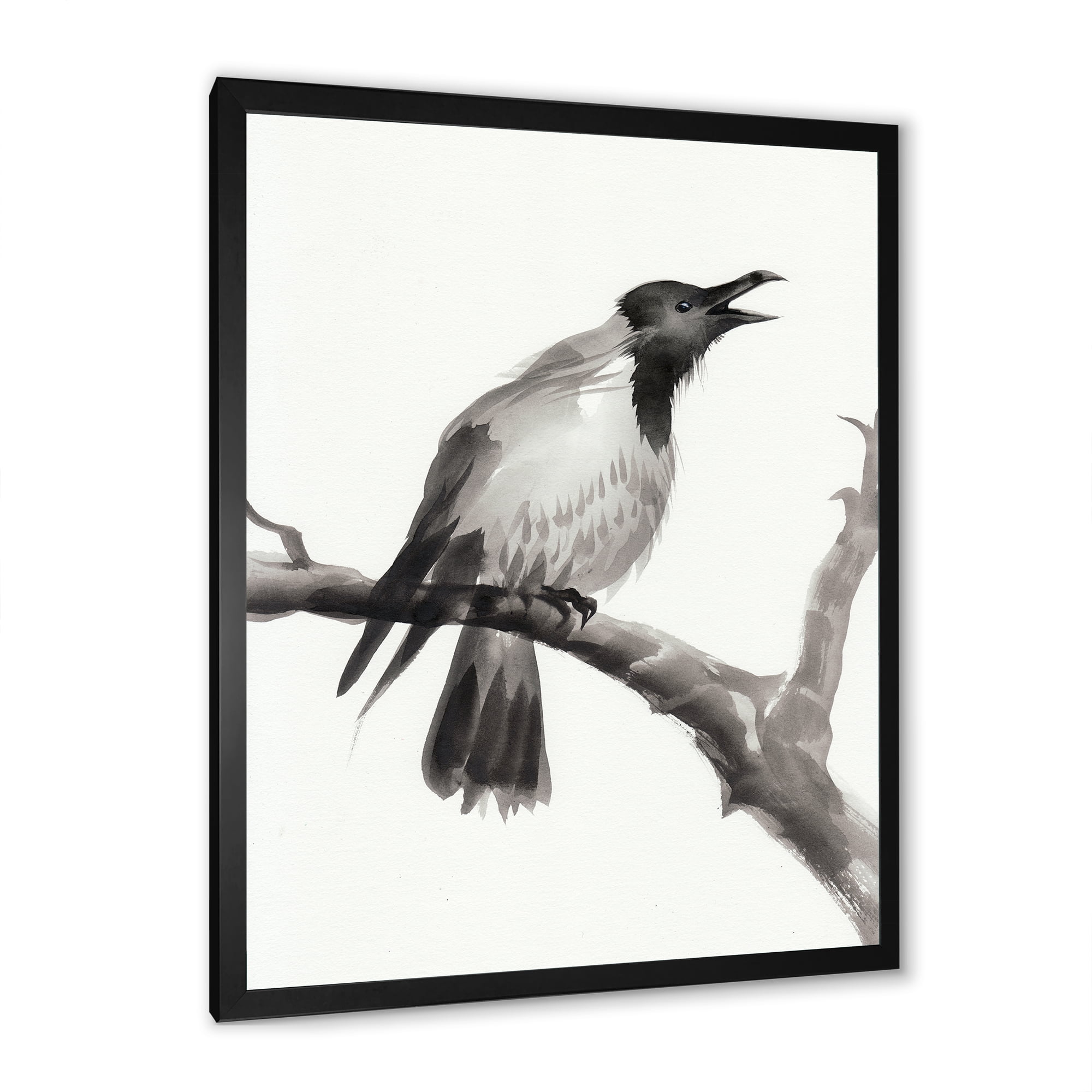 Designart 'Monochrome Crying Crow On A Branch' Traditional Framed Art Print