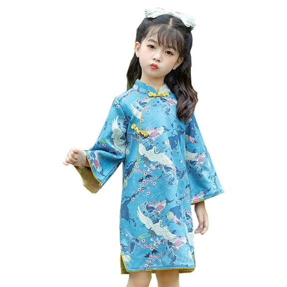 Otqutp Girls Qipao Long Sleeve Dress Chinese New Year Clothing Traditional Ethnic Style Performance Clothes for Kids Toddler