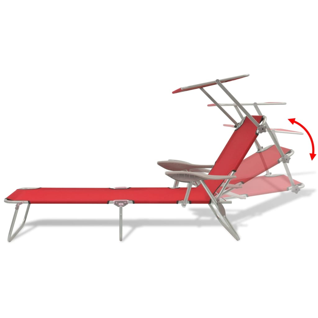 Clearance Outdoor Lounge Bed with Canopy, Folding Camping Sun Relaxing Chaise for Garden Patio, Red