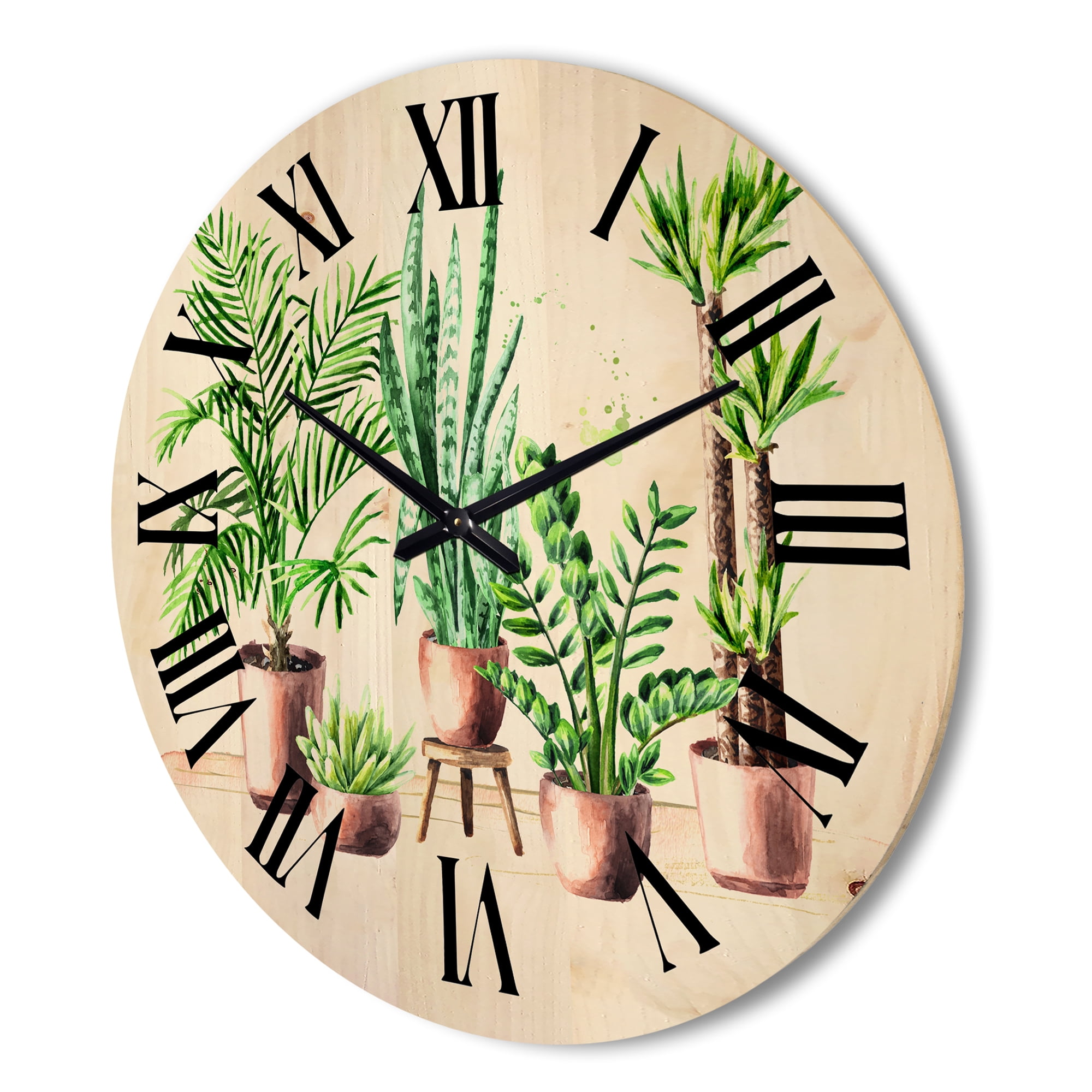 Designart 'Indoor Green Home House Plants in Pots I' Traditional Wood Wall Clock