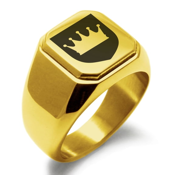 Stainless Steel Crown Royal Coat of Arms Shield Engraved Square Flat Top Biker Style Polished Signet Ring