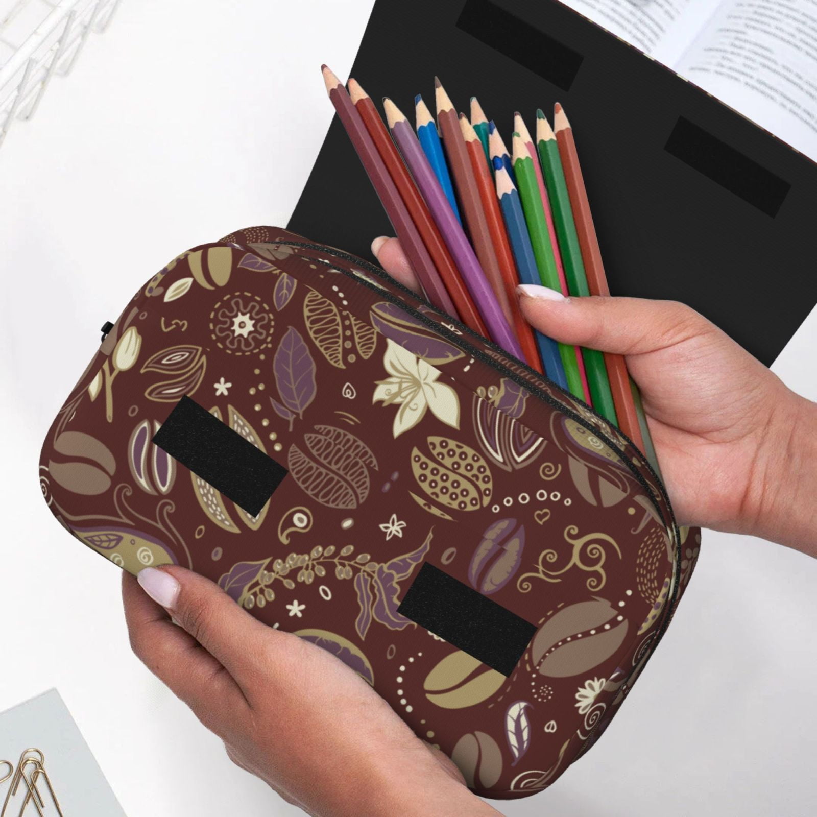 Rateoe Coffee and Flowers Pattern Double Clamshell Pen Case, Storage Organizer with Two Zipper Compartments– Holds Up to 50 Pencils & Pens