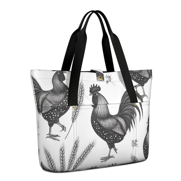 Tote Bag for Women - Black and White Rooster Shoulder Bag - Large Utility Work Duffle Bag with Zipper Handbag for Travel, Work, Sprots