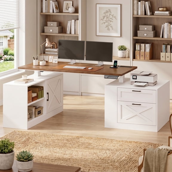 71" Farmhouse L Shaped Standing Desk, Electric Height Adjustable Computer Desk with Power Outlets, Storage Cabinet & File Drawers, Stand up Desks with Sliding Bar Door for Home Office, White