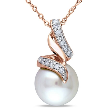 Miabella 9.5-10mm White Round Cultured Freshwater Pearl and 1/10 Carat T.W. Diamond 10kt Rose Gold Swirl Pendant, 17