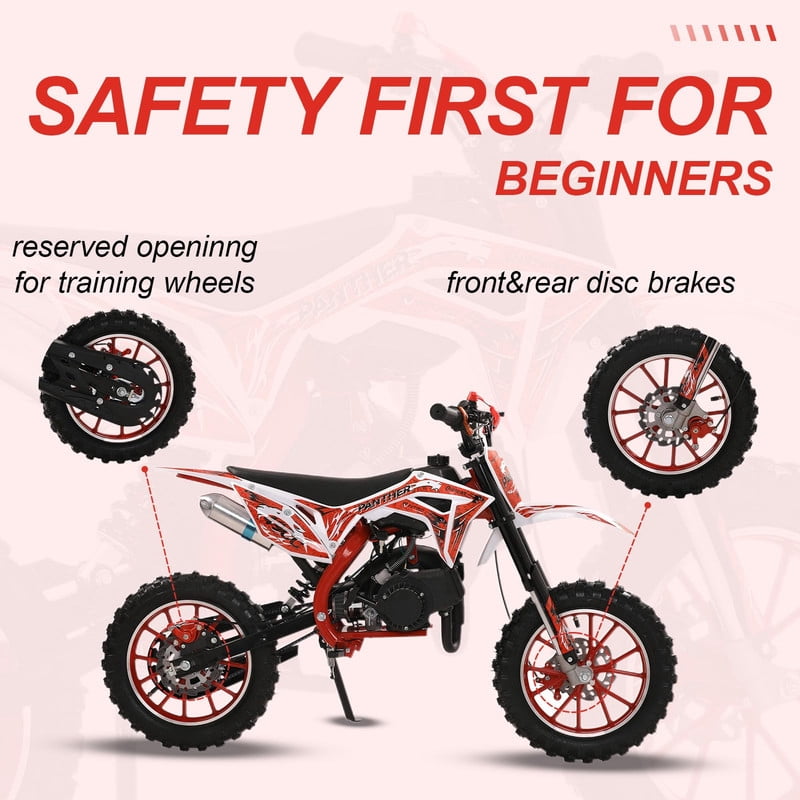 Seipouy 49cc Kids Dirt Bike - 2-Stroke Mini Motorcycle with Front and Rear Disc Brakes, Shock Absorption, Soft Seat Cushion & Off-Road Tires for Kids and Teens
