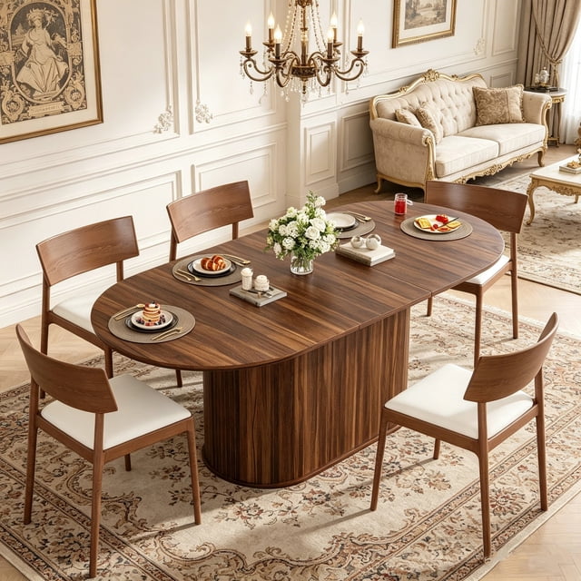 Extendable Dining Table for Dining Room, Walnut MDF Rectangular Kitchen Table