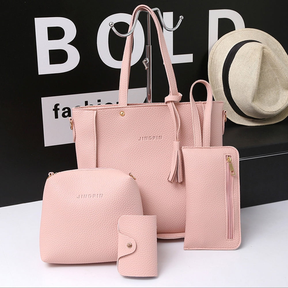 ZTTD Women’s PU Solid Crossbody Tote Bag with Four Set Handbag, Pink