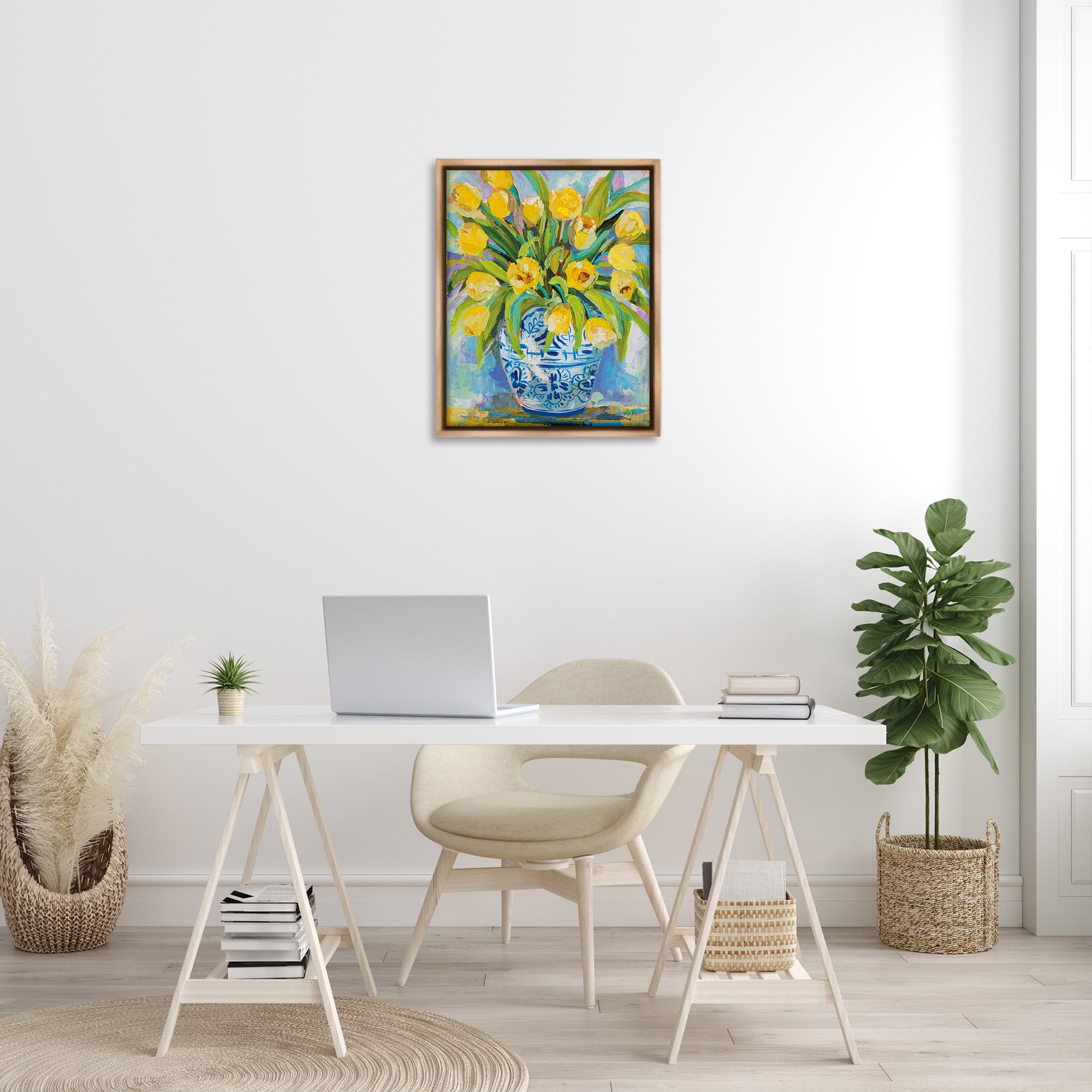 Stupell Industries Expressive Yellow Tulips in Vase Botanical & Floral Painting Brown Floater Framed Canvas Art Print Wall Art, 25 x 31