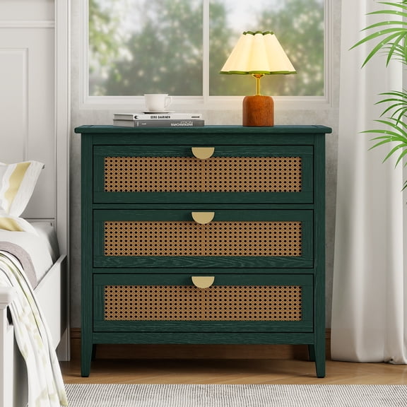 LFGUIZO 31.5" Green Accent Cabinet with 3 Rattan Drawers, Boho Style Chest of Drawers with Solid Wood Legs for Bedroom