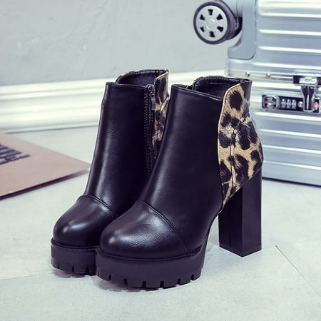

LnjYIGJ Women s High-Heels Mid Calf Boots Autumn Winter Short Plush Leopard Print Women s Boots High-heeled Thick-heeled Short Boots Side Zipper