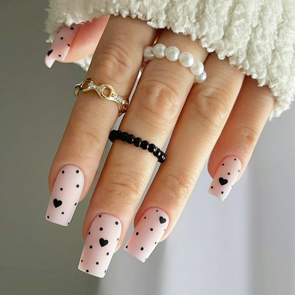 24 Pcs Short Press On Nail Black Heart False Nail Polkas Dot Acrylic Nail Elegant Full Cover Stick on Nail for Woman
