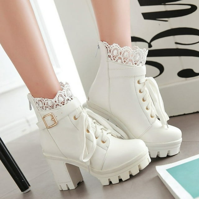 LSLJS Bottes à Lacets Épaisses pour Femmes High Heel à Plateforme, Chaussures d'Étudiante à Lacets, Bottines et Bottillons pour Femmes, Bottes pour Femmes