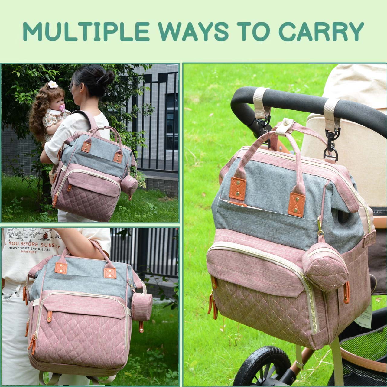 DERSTUEWE Baby Diaper Bag Backpack, Multifunctional Waterproof Portable Baby Bag for Travel， Pink Grey