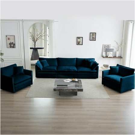 JERFIT Modern 5-Piece Chenille Sofa Set with Loveseat, Accent Chair & 3-Seater Couch for Living Room, Blue