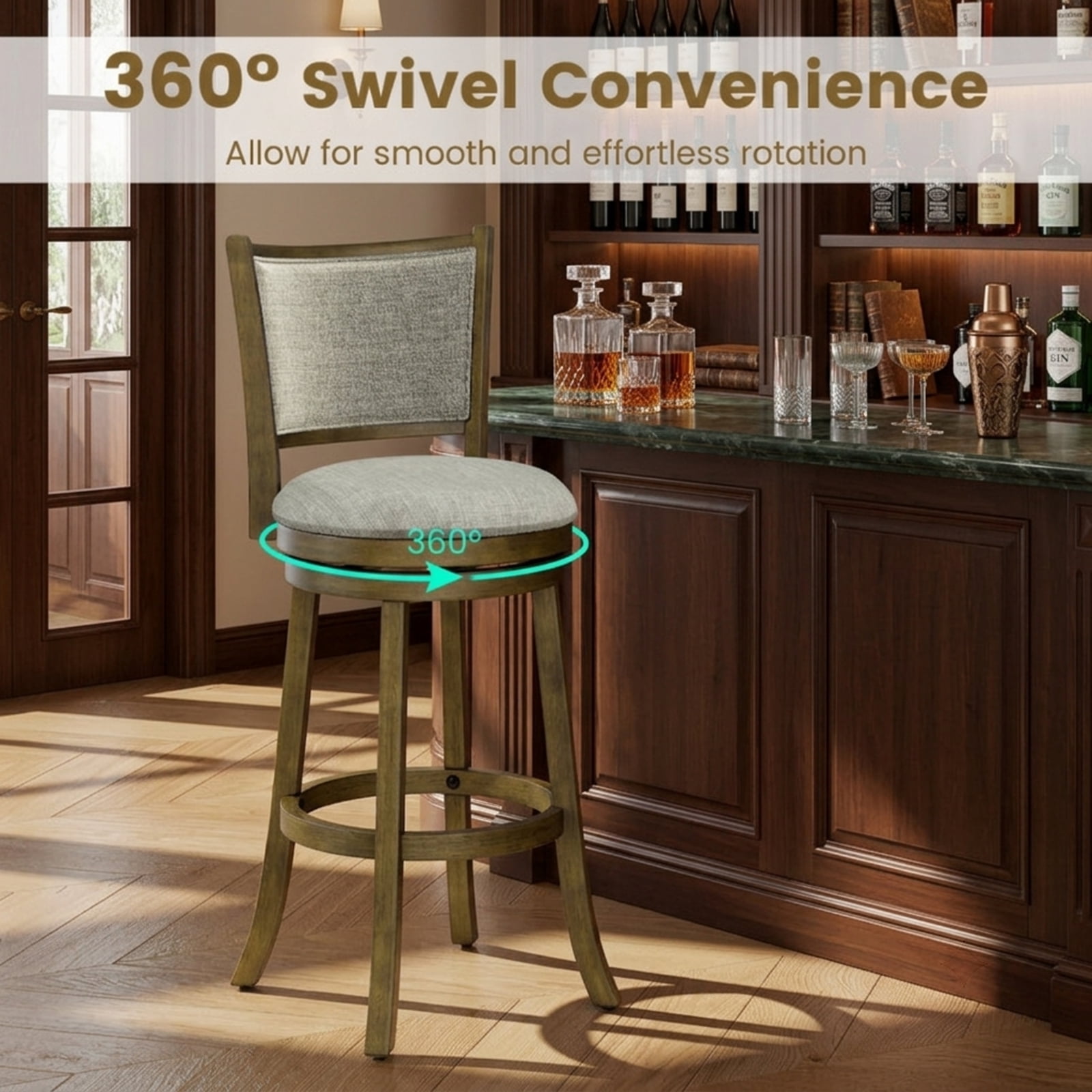 Furnibear Swivel Bar Stools Set of 2 with Soft-padded Back and Seat-L for Kitchen Island Counter Bar Pub Dining Home, Gray