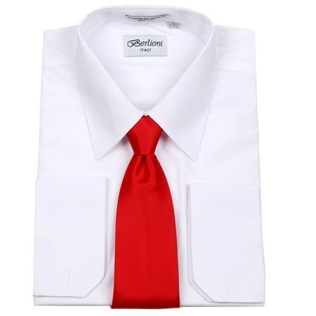 Berlioni Men s White  Solid Dress  Shirt  and Tie  Set 