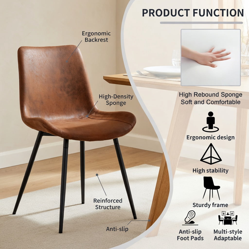 Hommoo 6-Pack Suede Dining Chairs with Black Metal Legs, Curved Wide Seat Cushion, Non-Slip Floor Protection, Easy 10-Min Assembly, Modern Restaurant, Kitchen & Home Office Seating, Brown