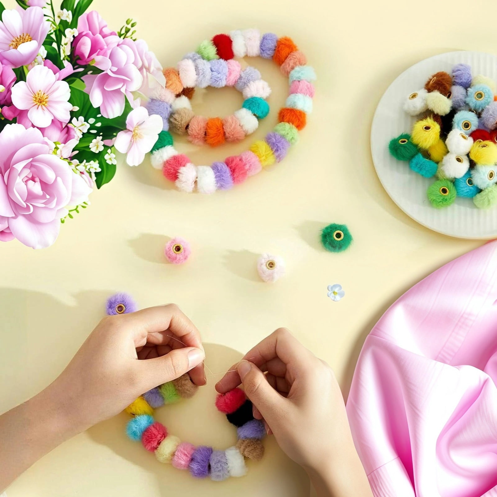 240 PCS Colorful Pom Poms for Crafts, 20 mm Mixed Color Soft Fluffy Ball Beads with Copper Hole, DIY Beads for Jewelry Making, Keychains, Crafts, Accessories, Creative Presents
