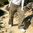thumbnail image 7 of Women Solid High Waist Wide Leg Cargo Pants, Drawstring Elastic Waist Casual Sports Workwear Trousers with Multi Pockets Khaki XS, 7 of 7