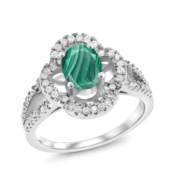Gem Stone King 2.37 Ct Oval Green Malachite 925 Sterling Silver Ring (Size 6)