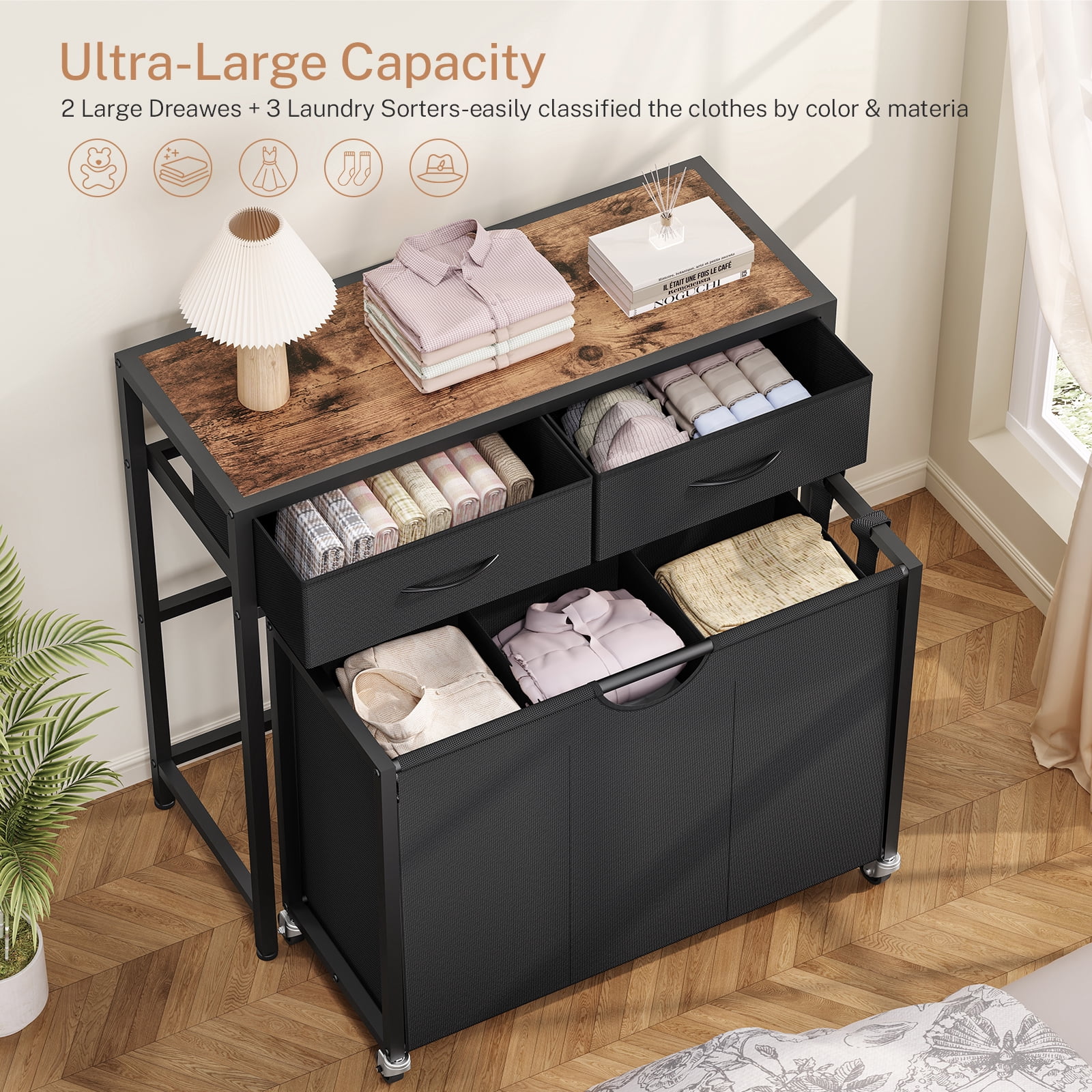 Laundry Sorter, Rolling Laundry Hamper with 3 Section Pull-Out Bags, Laundry Basket Organizer with 2 Drawers, Laundry Hamper with Wheels for Laundry Room Organization, Bathroom, Bedroom