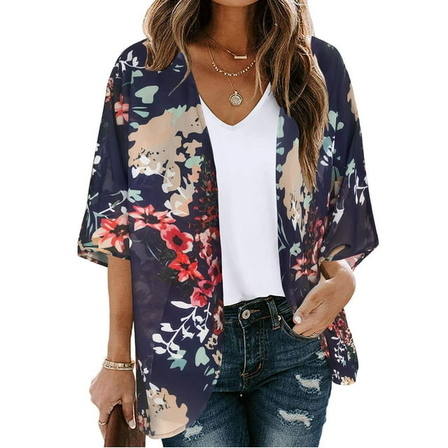 TIMIFIS Womens Floral Chiffon Kimono Cardigans Loose Beach Cover Up Half Sleeve Tops-Navy-3-XXXXLFall