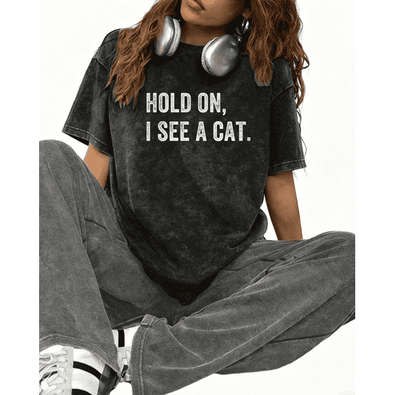 Cute Cat Lover Humorous Slogan Graphic Tee T-Shirt Top Print Short Sleeve Round Neck Black S-2XL Plus Size