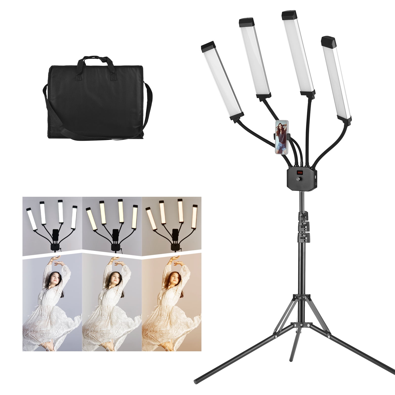 Flexible 4-Arms Video Photography Fill 3200K-5600K Dimmable with Phone  Holder 2M78.7in Metal Stand Carrying Bag for Live Streaming Vlogging  Wedding Product Photography