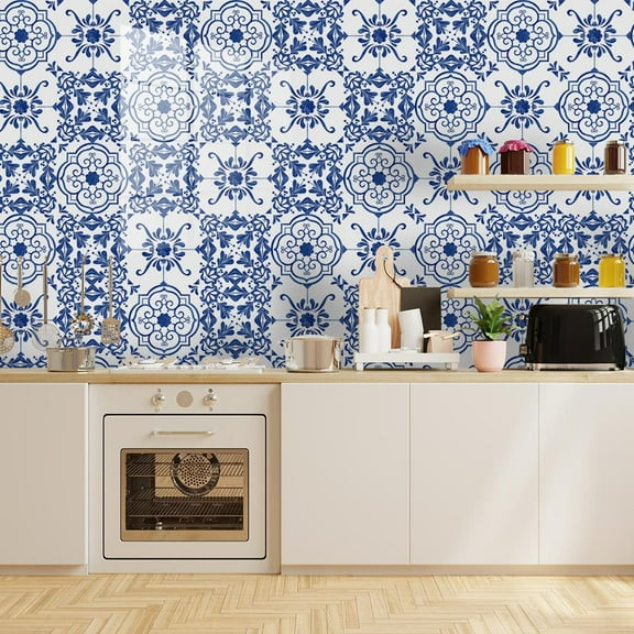 Blue and white porcelain tile tile wall sticker, Peel & Stick Tile Stickers 9 PCS Self Adhesive Backsplash Decorative Wall Stickers for Kitchen Bathroom Tile Decals Waterproof & Removable