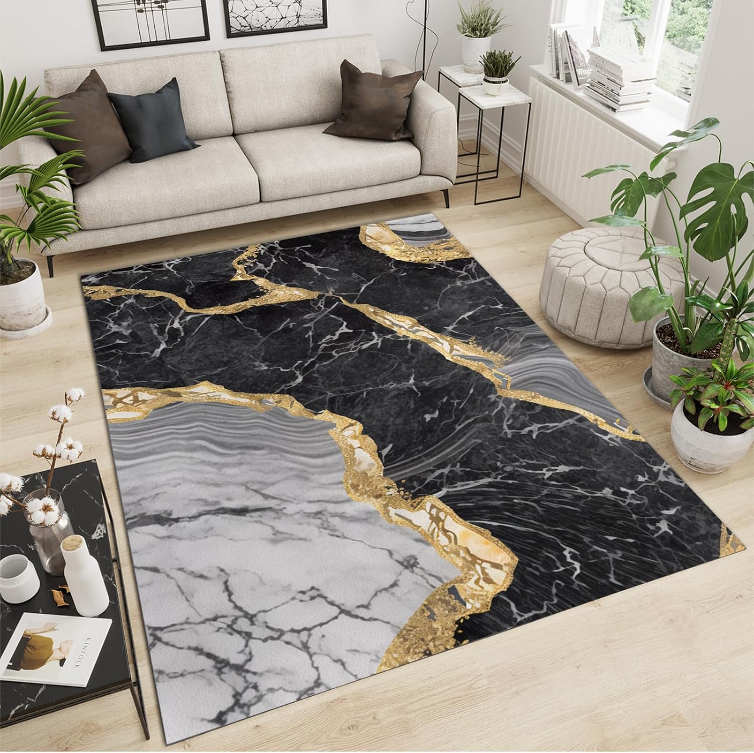 Black Grey Gold Area Rugs 2'x3', Vintage Modern Abstract Marble Pattern Carpet for Living Room Bedroom, Soft Washable Art Deco Rug for Dining Table Farmhouse Home Office Floor Rug
