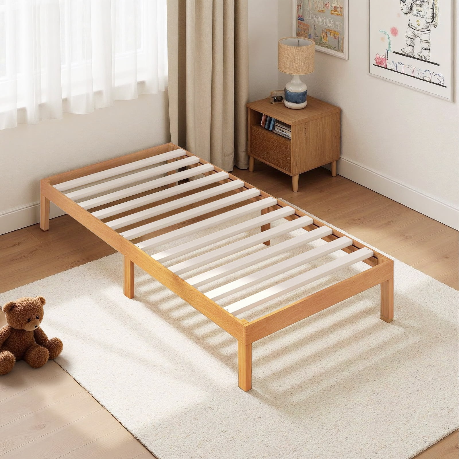 Sybels 12" Twin Size Wood Bed Frame, Natural Pine Platform with Slat Support, No Box Spring Required