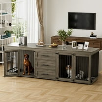 Wiilayok 94.5" Large Double Dog Crate Furniture, Wooden Double Dog Kennel Furniture with 3 Drawers and 4 Dog Bowl, Heavy Duty Indoor Furniture Style Dog Cage House(Grey)