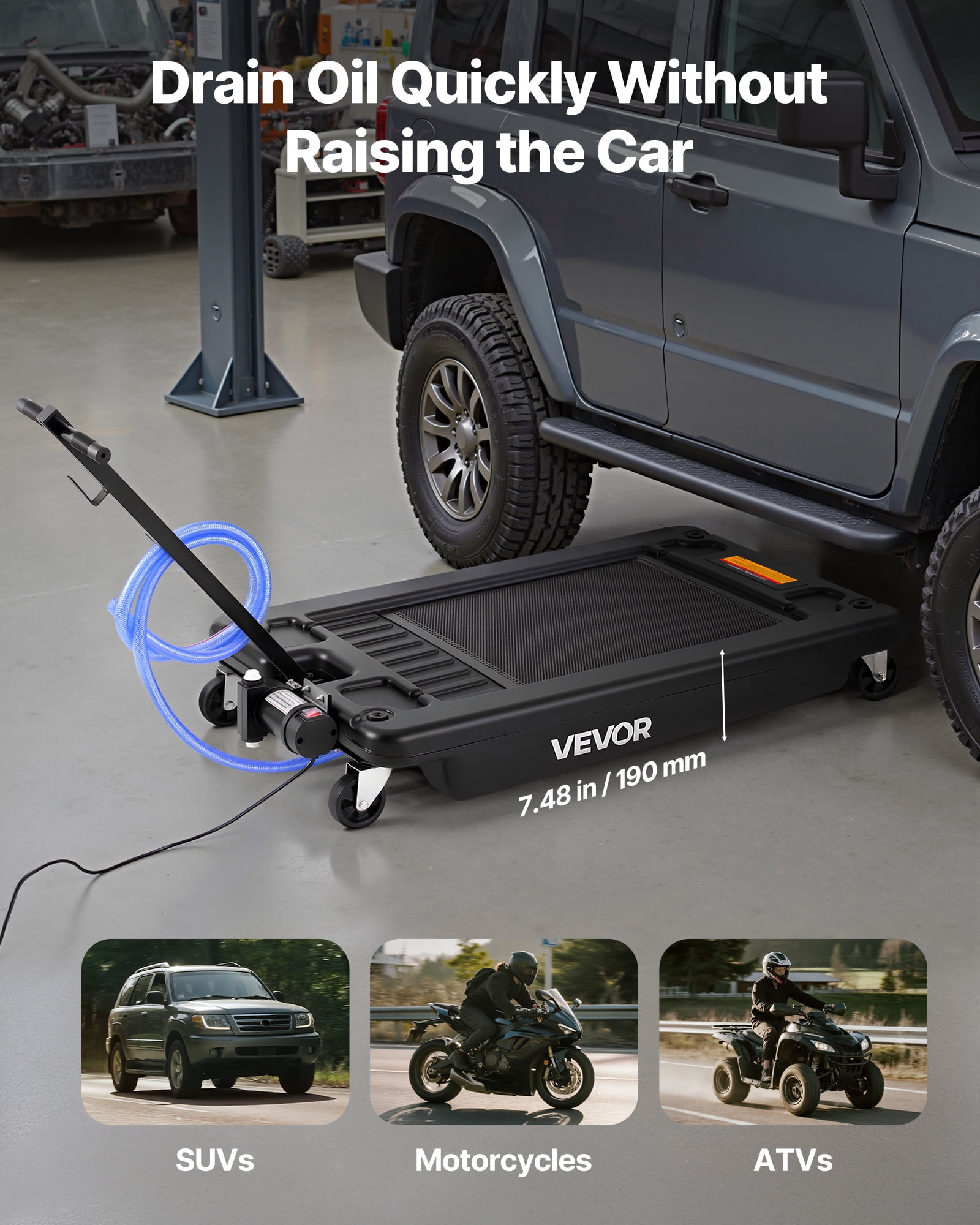 VEVOR Low Profile Oil Drain Pan, 17 Gallon Capacity, Rolling Oil Drain Pan with Electric Pump, 7.2 ft Hose & T Folding Handle, Leak-proof & Corrosion-resistant, Fit for Cars, SUVs, Trucks, ATVs,Black