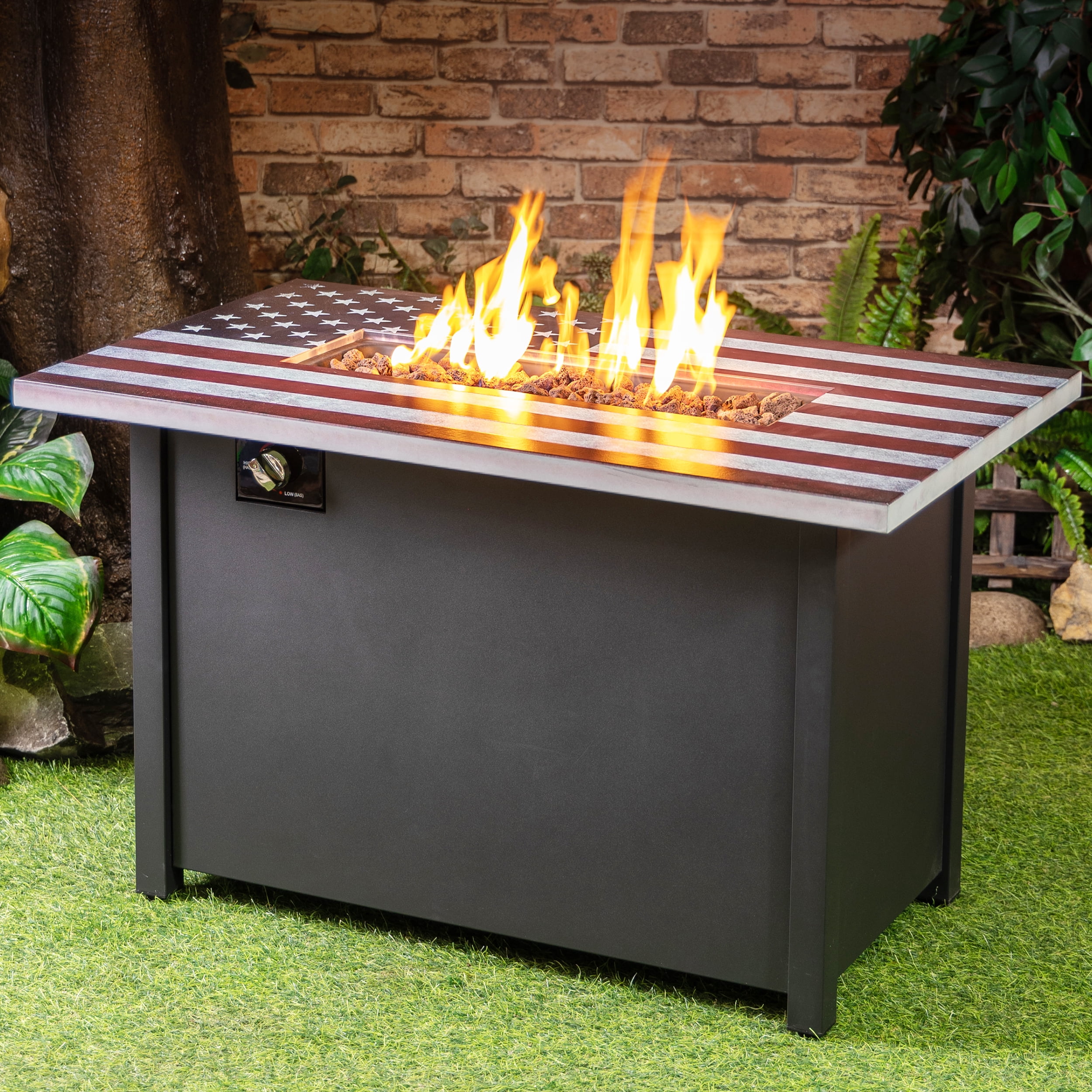 Deko Living 40 Inch Rectangular Commemorative Outdoor Propane Gas Fire Pit Table 50,000 BTU Propane with Lava Rock Filler