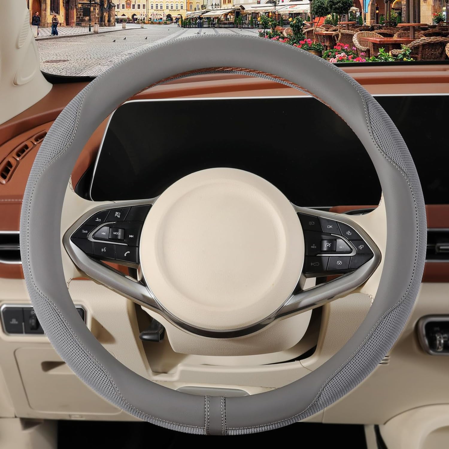 Nappa Leather Gray Steering Wheel Cover, Advanced Microfiber Leather Non-Slip Breathable Fabric, Warm in Winter and Cool in Summer, Universal 15 Inch