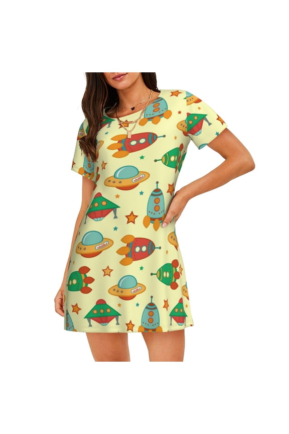 Colorful Outer Space Print Womens Nightdress Cozy Cotton Short-sleeved Sleep Shirt, Loose-Fit Sleepwear, Perfect for Relaxing and Sleeping