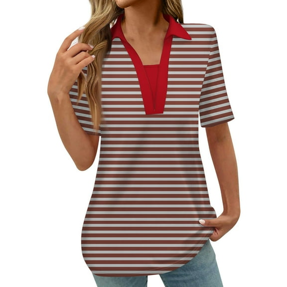 fatyb Tshirts for Women V Neck Striped Tunic Shirts with Collar Casual Womens Short Sleeve Loose Blouses