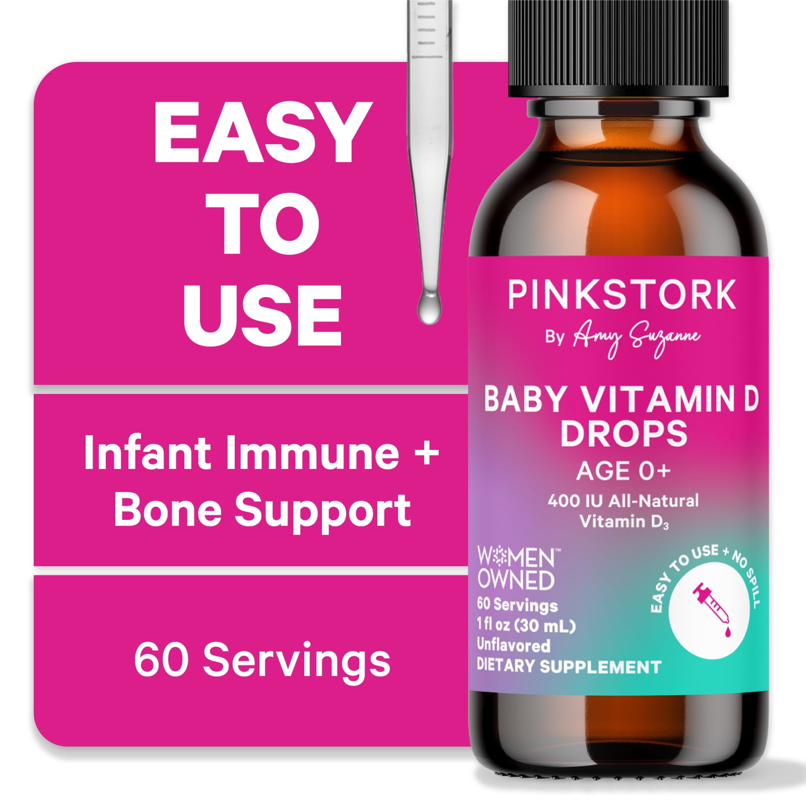 Pink Stork Vitamin D3 Drops, 1 fl oz, Dairy-Free, Gluten-Free, No Artificial Colors
