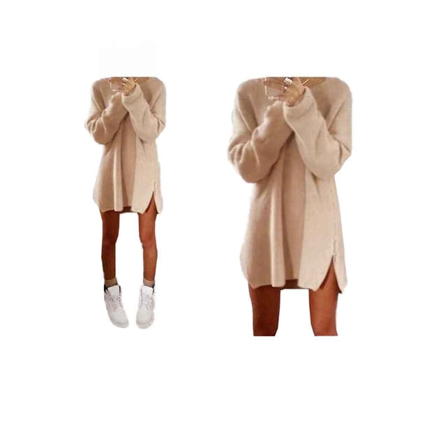 Vestido de suéter de manga larga con cuello redondo para mujer Vestido de punto suelto con cremallera lateral y dobladillo alto y bajo Advancent FS6503-04