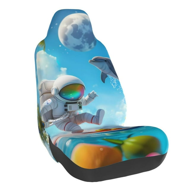 Wukai Astronaut Tropical Dolphin Full Set Car Seat Covers with Soft Padding Universal Auto Front Seats Protector and Cushion Mat