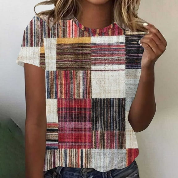 Sakmal Color Block T-Shirts Short Sleeve Retro Plaid Crew Neck Shirts Tops Trendy 2025