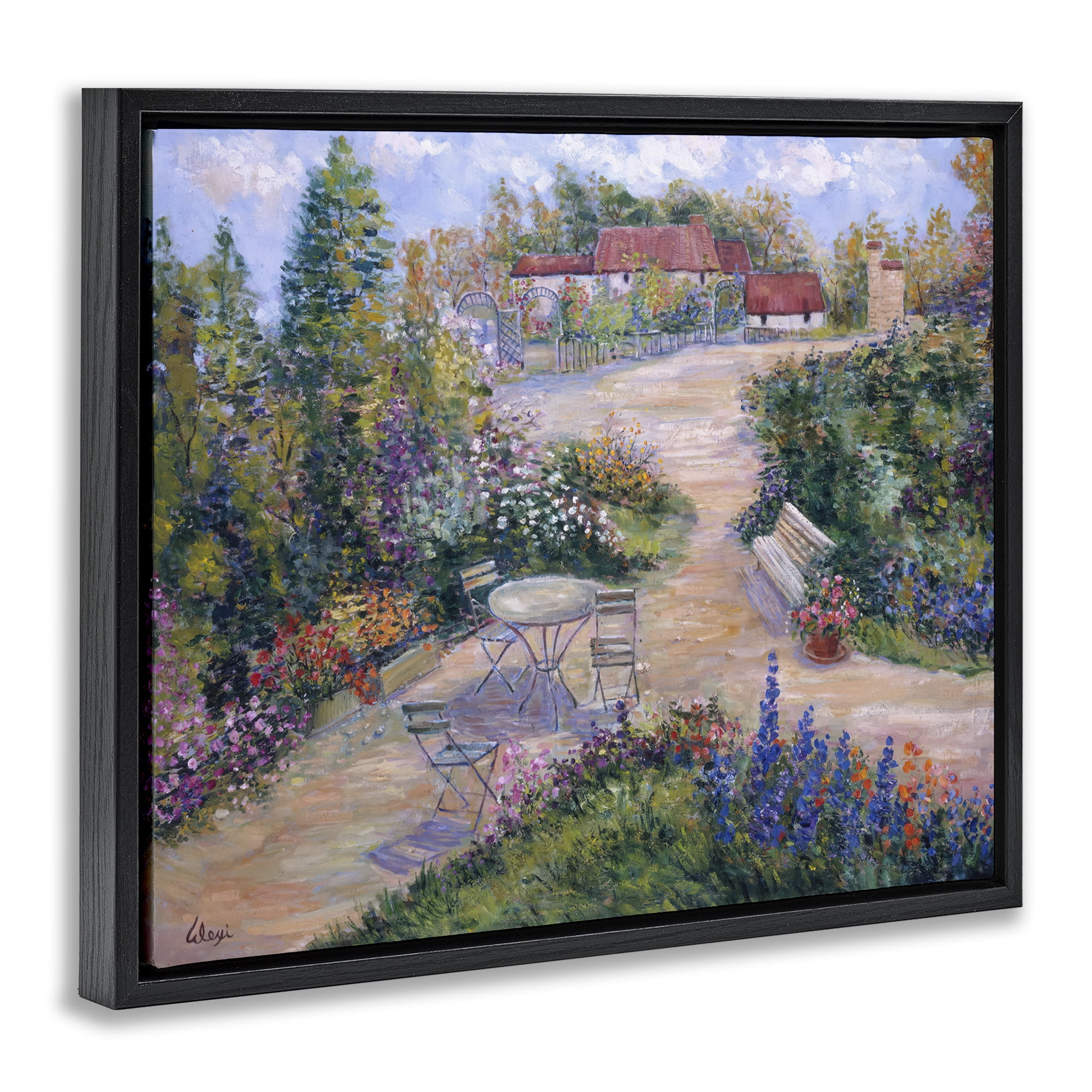 Stupell Industries Spring Garden Benches Landscape & Nature Painting Black Floater Framed Canvas Art Print Wall Art, 31 x 25