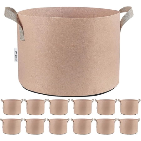 Bilot 12-Pack 30 Gallon Grow Bags Tan Fabric Round Aeration Pots Container for Nursery Garden and Planting Grow (30 Gallon  Tan(12-Pack))