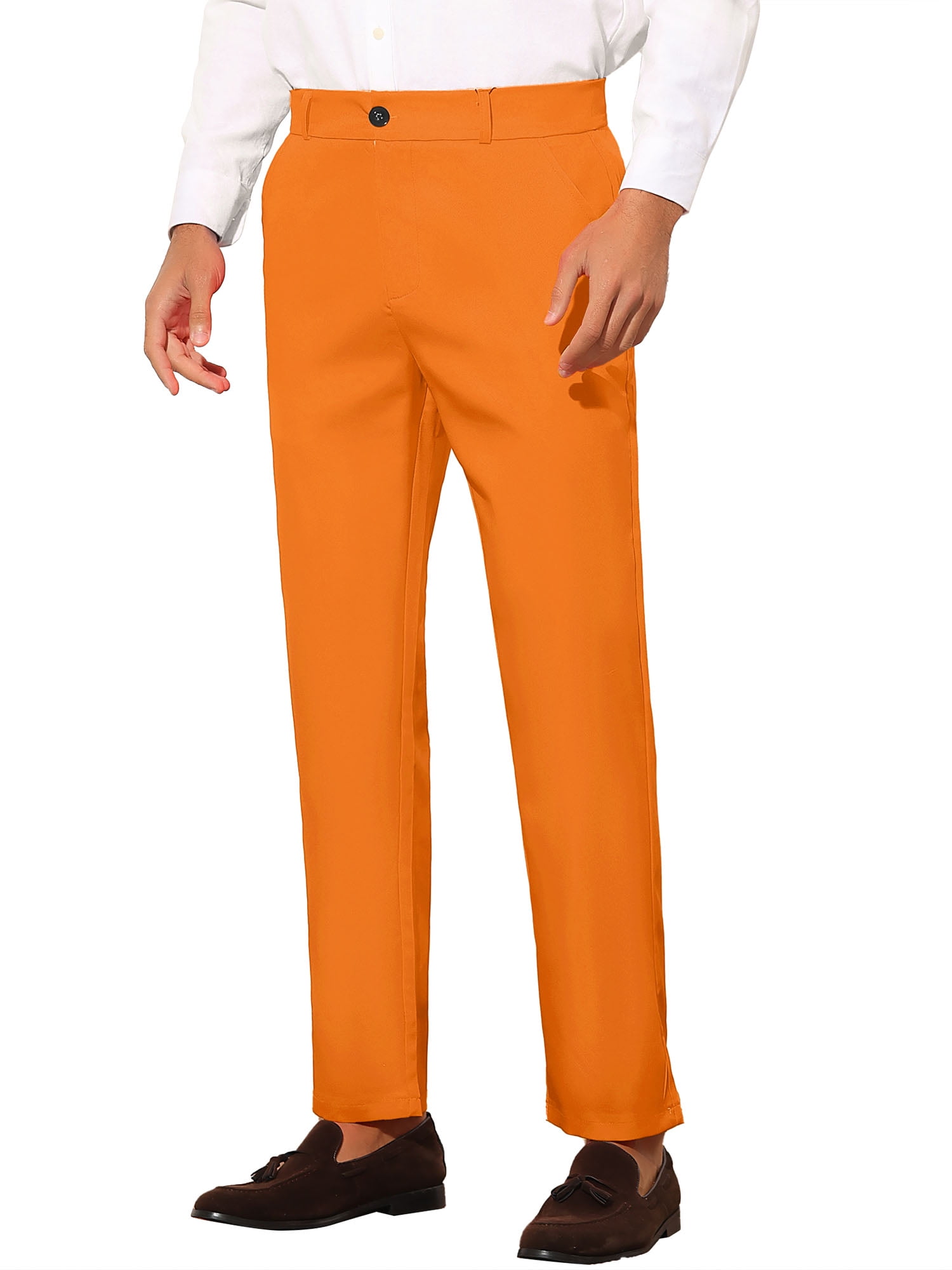 Unique Bargains Men's Slim Fit Trousers Flat Front Solid Color Business Pants 36 Orange