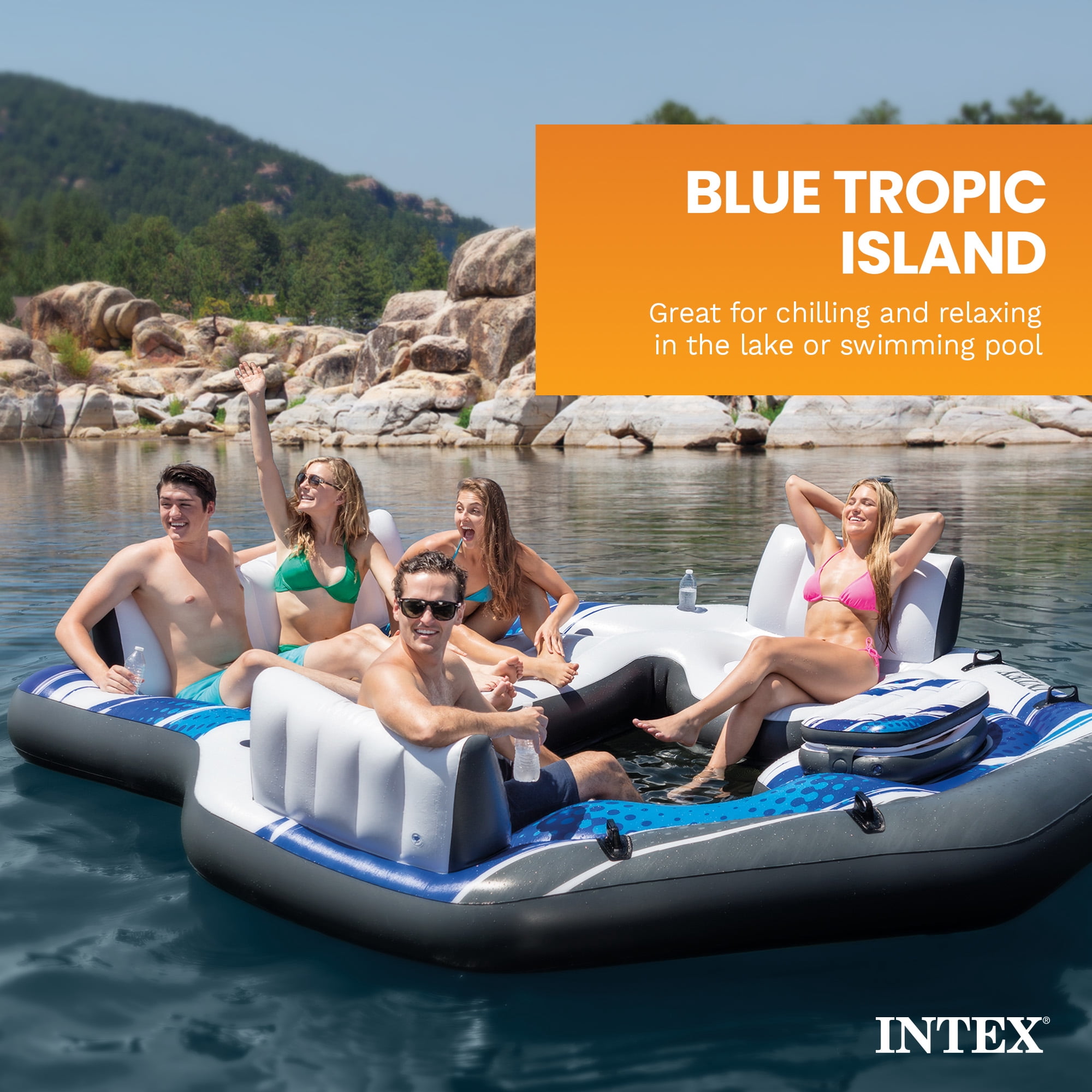 Intex Blue Tropic Inflatable Lake Island Float with Cooler and Cupholders